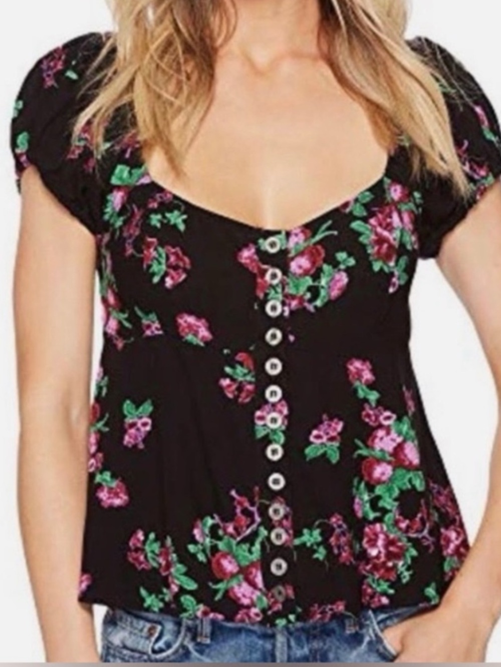Free people puff sleeve Black Floral Button-Front Women's Top